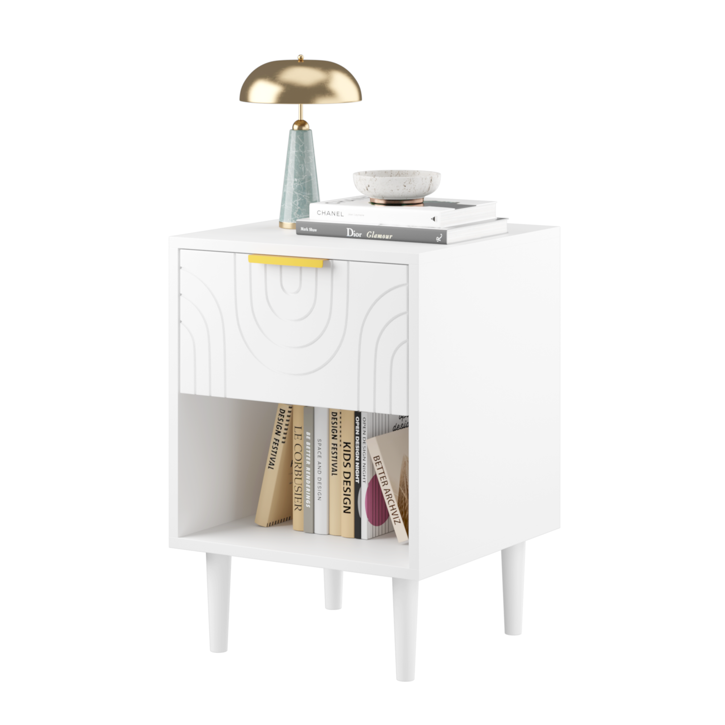 22.83'' H Modern White Nightstand with One Drawer and Open Shelf, Gold - Accented Handle, Ideal for Bedroom Decor