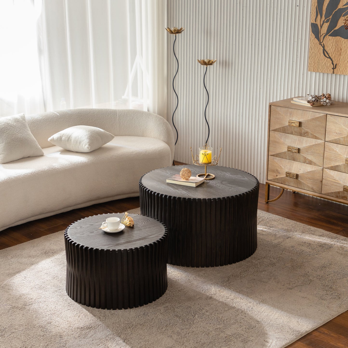 Vintage Fashion Style Cylindrical Nesting Coffee Table Set with Vertical Textured Embossed Design for Living Room, Office and Dining Room, Dark Brown (Set of 2)