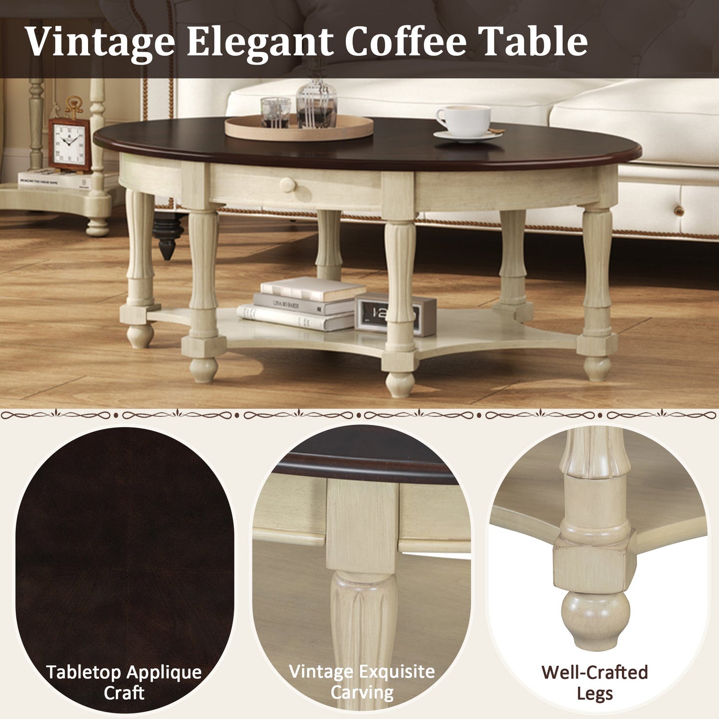 Vintage Oval Coffee Table with Drawer and Storage Shelf, Antique Cocktail Table in 45', French Country Accent Table for Living Room,Beige and Espresso