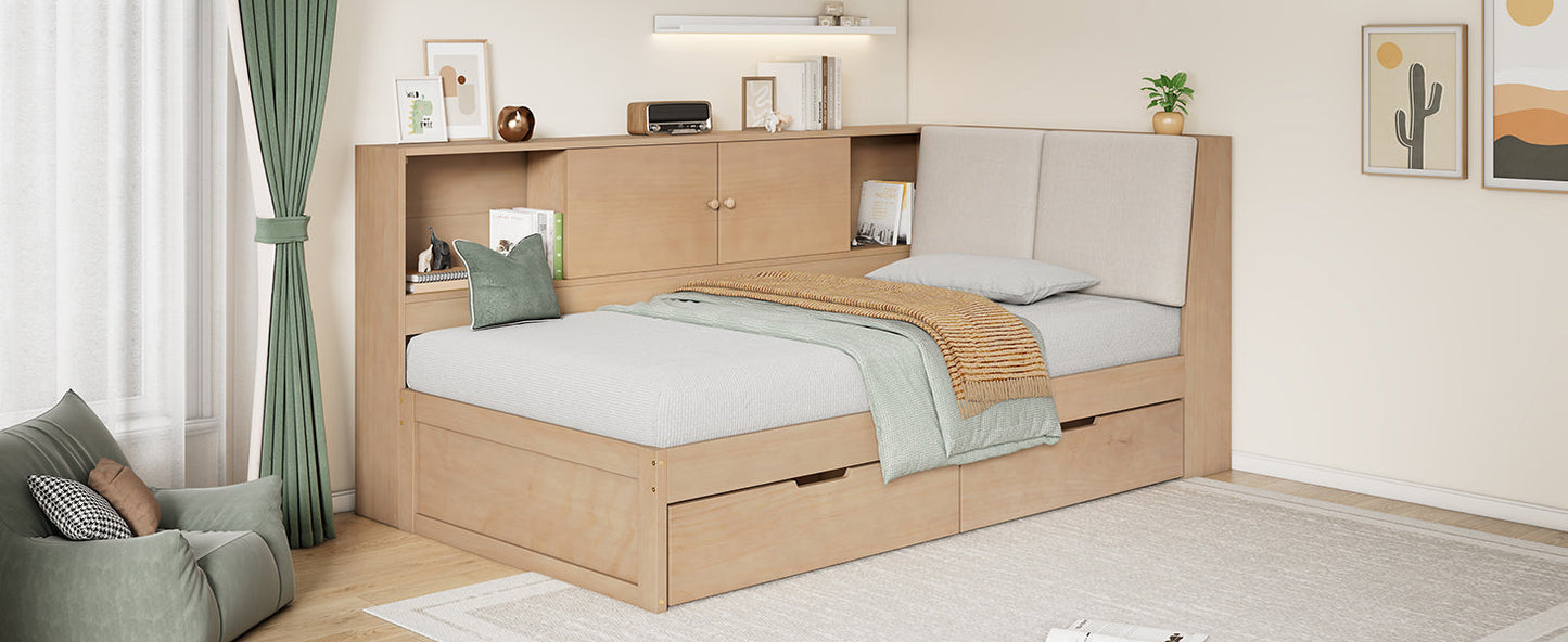 Wooden Twin Size L-shaped Daybed Corner Bed Under-bed Drawers with Storage Bookcase and Upholstered Headboard and USB Charging Ports for Limited Space,Natural
