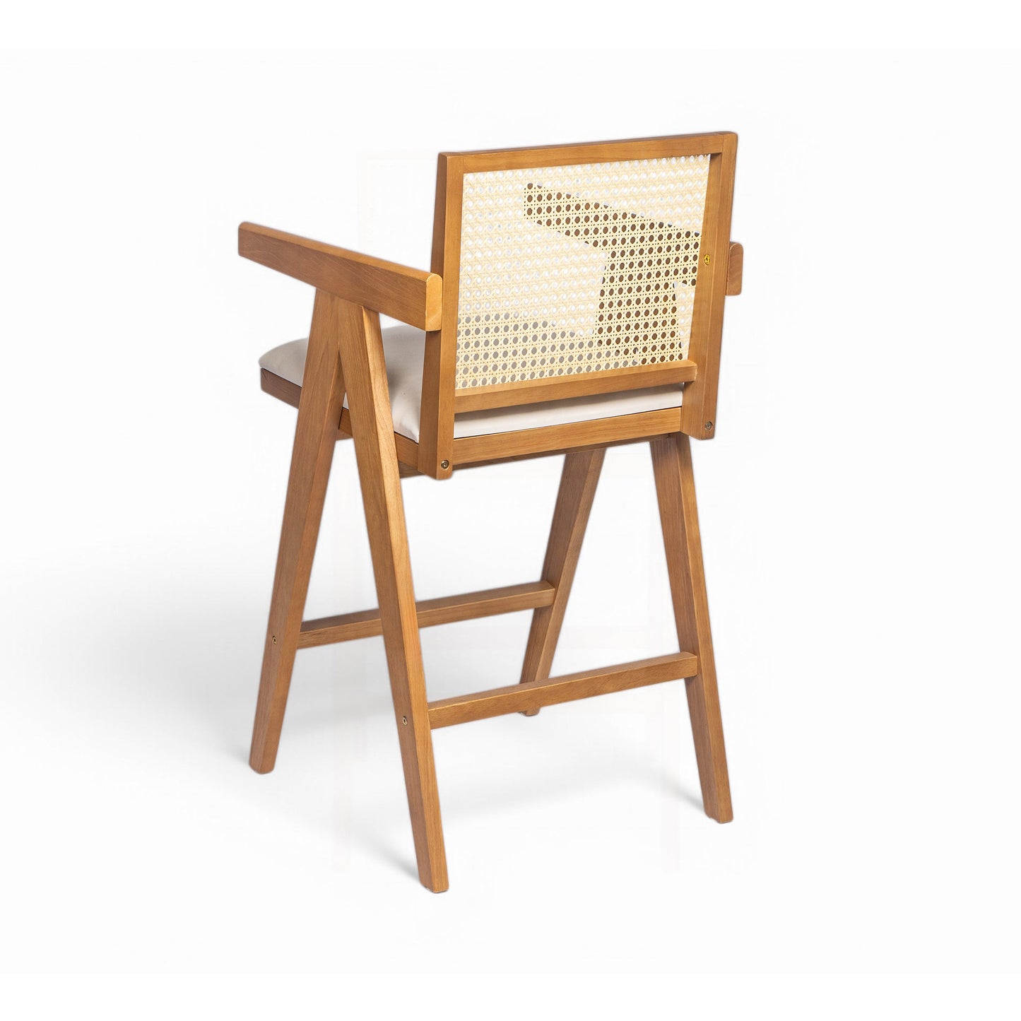 27' Height, Cream Woven Cane Plastic Backrest Bar Stool - Foam-Padded Fabric Seat & Durable Rubberwood Frame