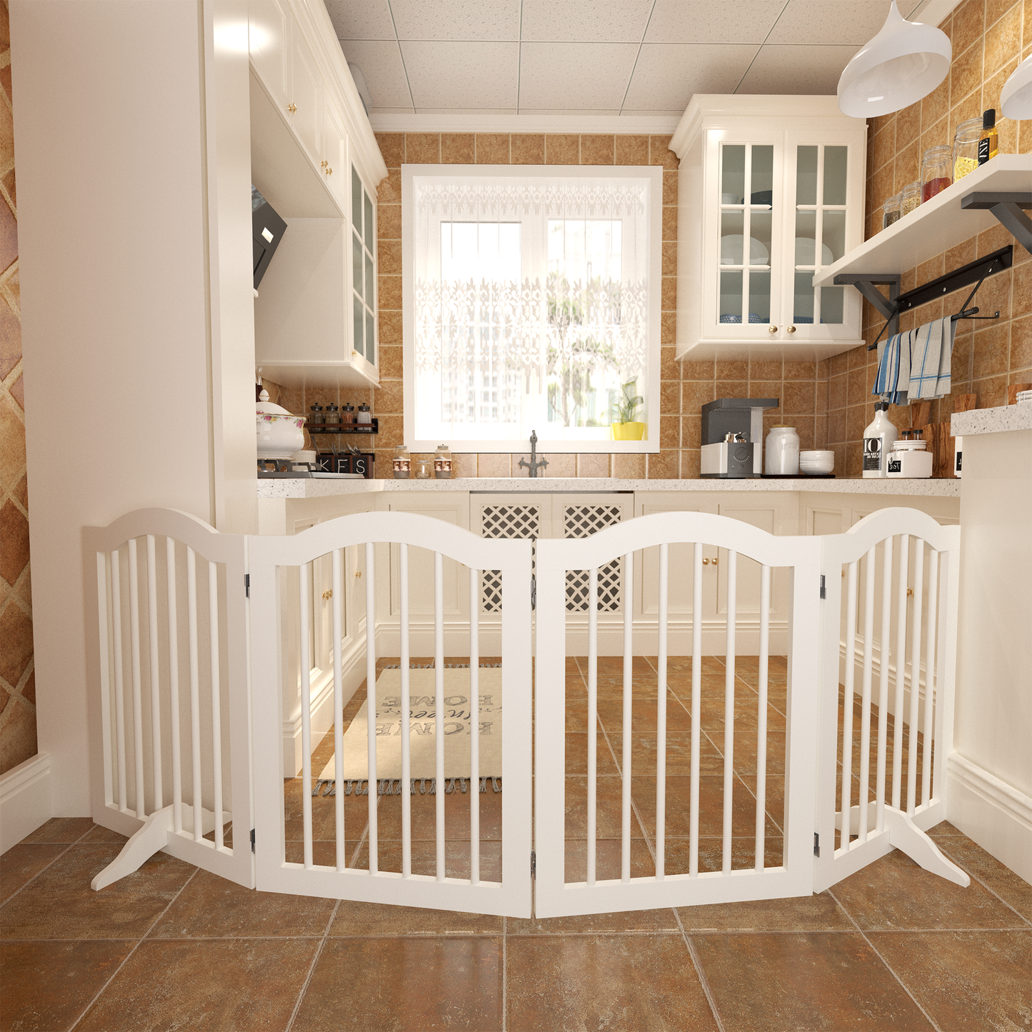 27.6' Height Tall Freestanding Pet Gate, 4 Panels Foldable Dog Gate, Solid Wood Folding Safety Fence Wooden Dog Gate with 2 pcs Support Feet Ideal for Stairs, Doorways, Halls, Kitchens, Heavy Duty Gat