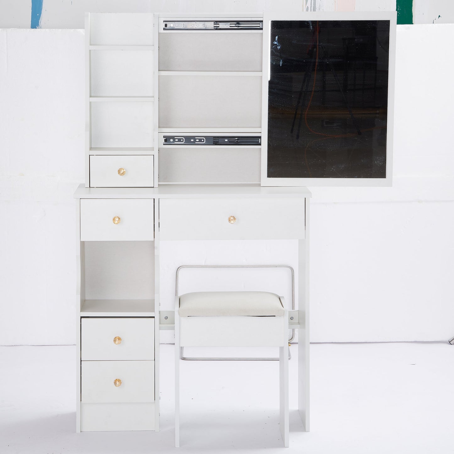 29.2' Small Size Left Drawer Desktop Vanity Table + Cushioned Stool, Extra Large Right sliding mirror, Multi Layer High Capacity Storage, Practical Fashionable Dresser, Suitable For Small Space