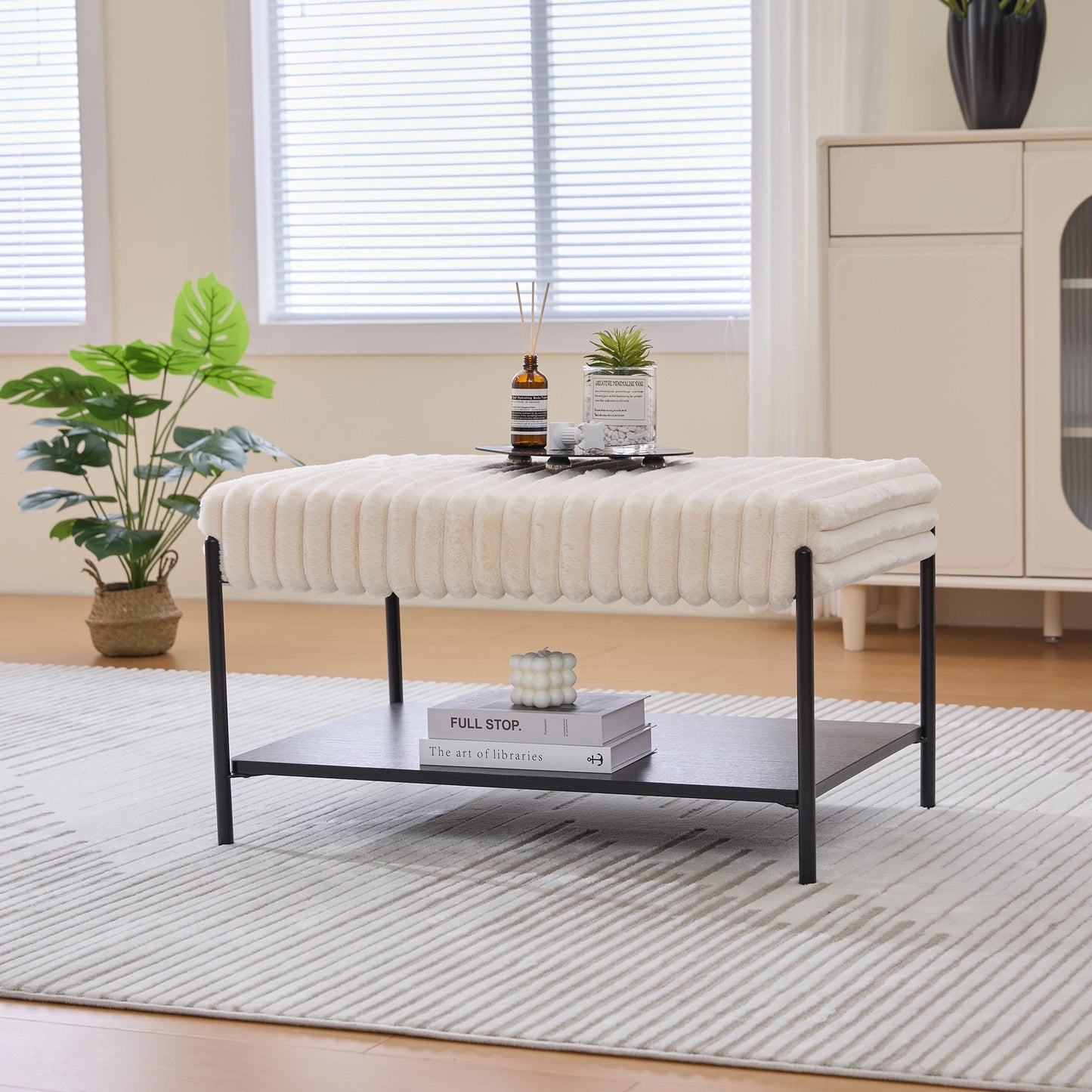 Upholstered Ottoman Coffee Table Foot Rest with Black Metal Legs and Open Storage, Faux Fur, Beige, 30.7' Wide