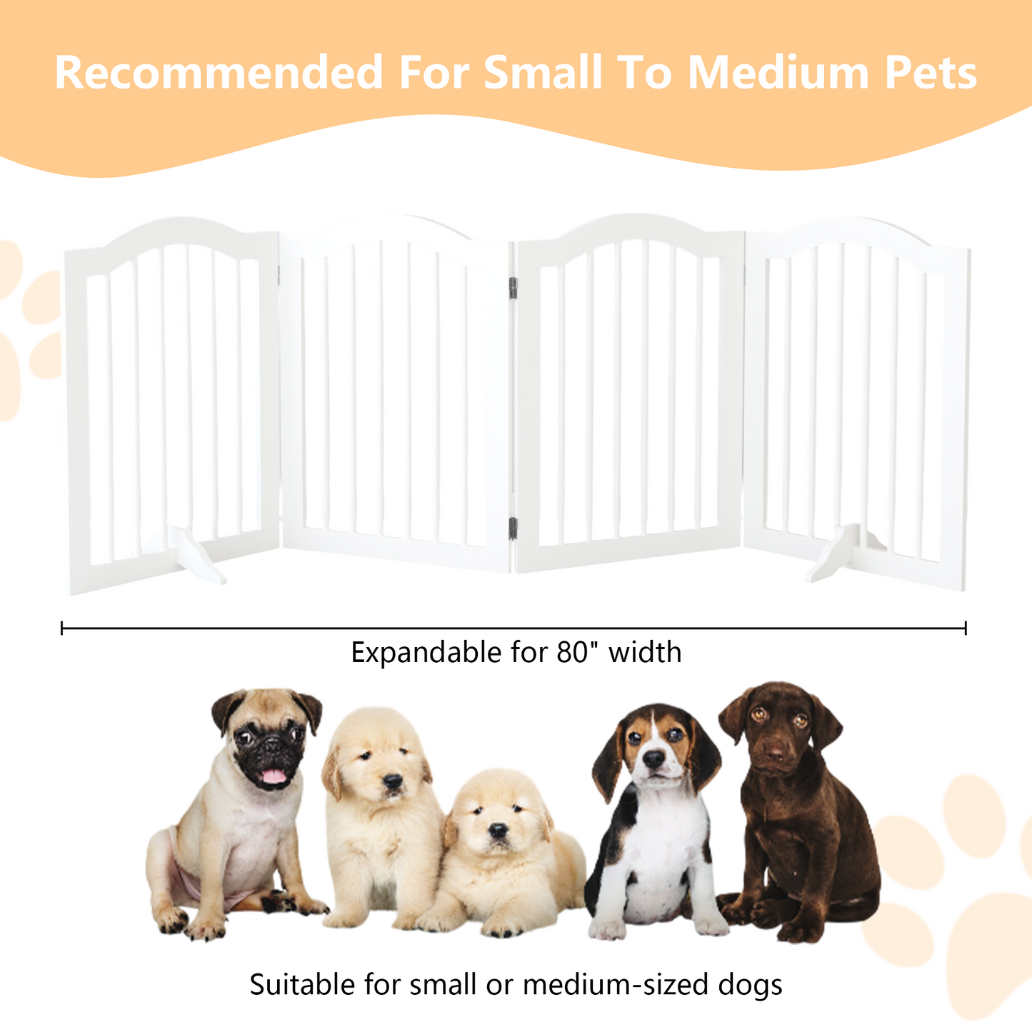 27.6' Height Tall Freestanding Pet Gate, 4 Panels Foldable Dog Gate, Solid Wood Folding Safety Fence Wooden Dog Gate with 2 pcs Support Feet Ideal for Stairs, Doorways, Halls, Kitchens, Heavy Duty Gat
