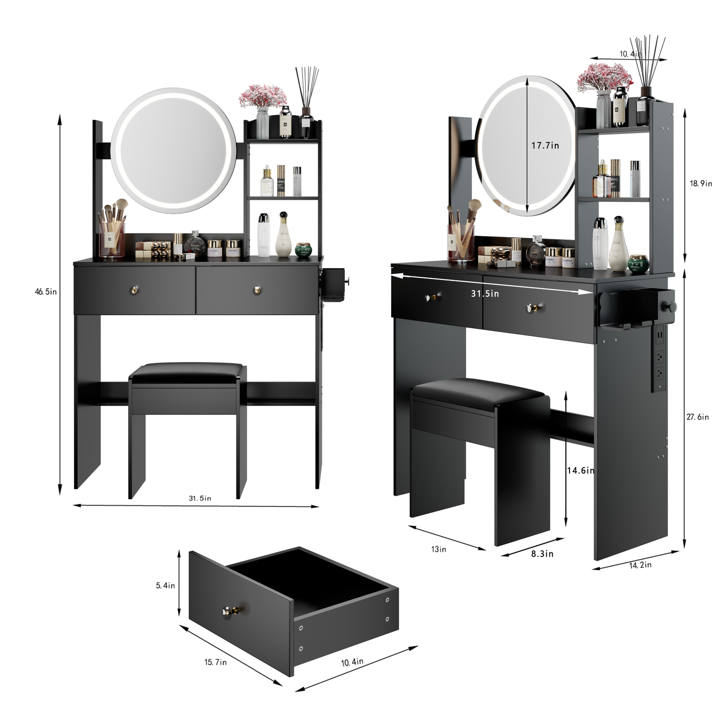 17' Round LED Mirror Vanity Table+Cushioned Stool, Equipped With 2 AC+2 USB Power Socket, Big Mirror, Touch Switch, 3 Colors, Adjustable Brightness, Large Desktop, Multi-layer High Capacity Storage