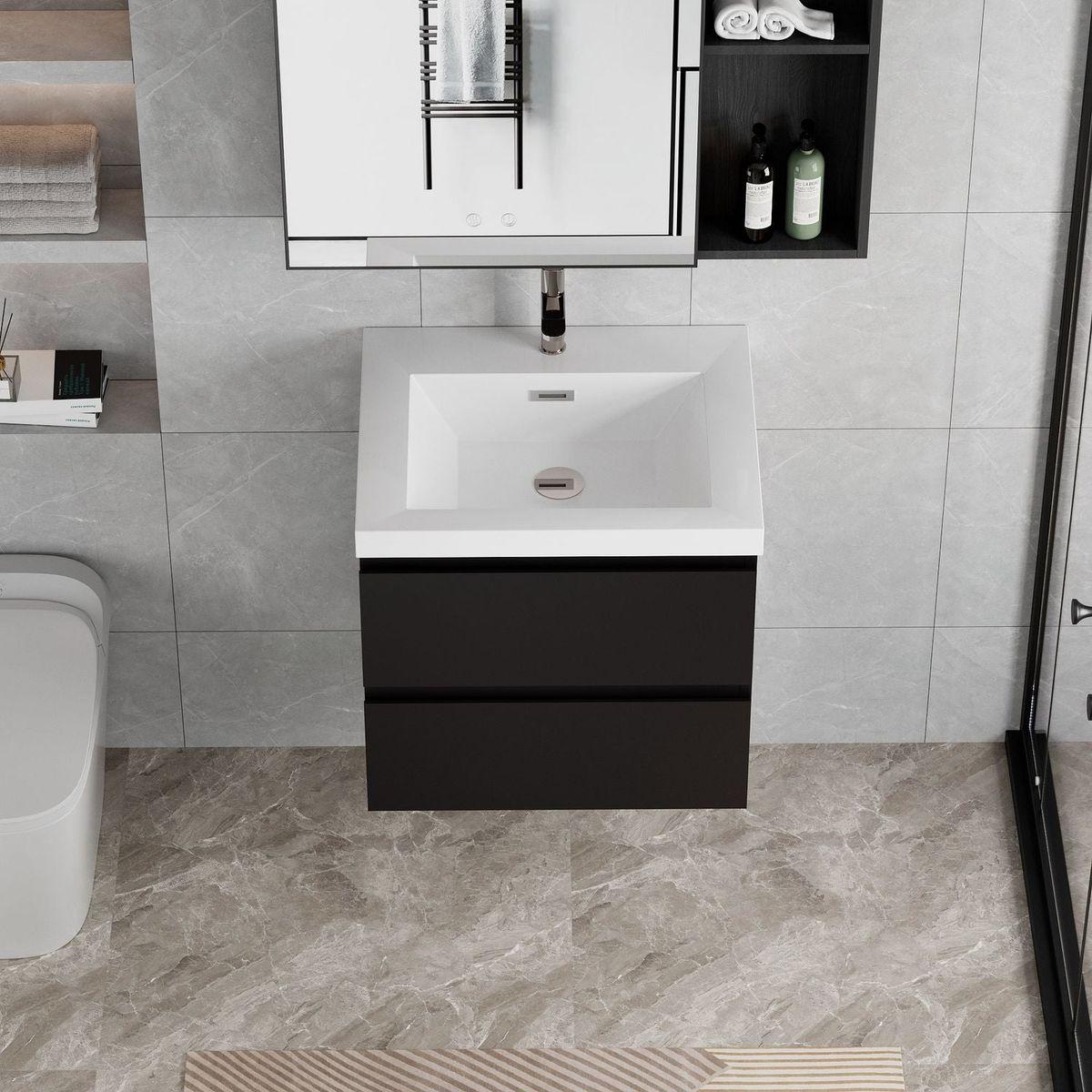 24" Floating Bathroom Vanity with Sink, Modern Wall-Mounted Bathroom Storage Vanity Cabinet with Resin Top Basin and Soft Close Drawers, Glossy Black