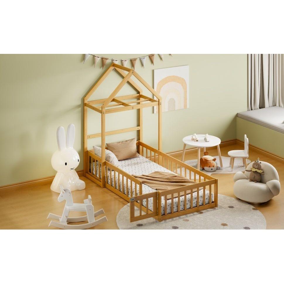 Wooden Floor Bed with Fence Railings and Detachable House Shape Headboard, Twin Size Bed with Kids Dress Up Rack, Kids Montessori Style Playhouse Frame for Girls Boys, Natural