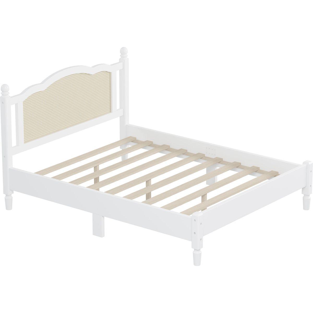 3 Pieces Bedroom Set with Queen Size Wooden Bed Frame, 1 Vintage Nightstand and 1 Makeup Vanity Set with Stool,White