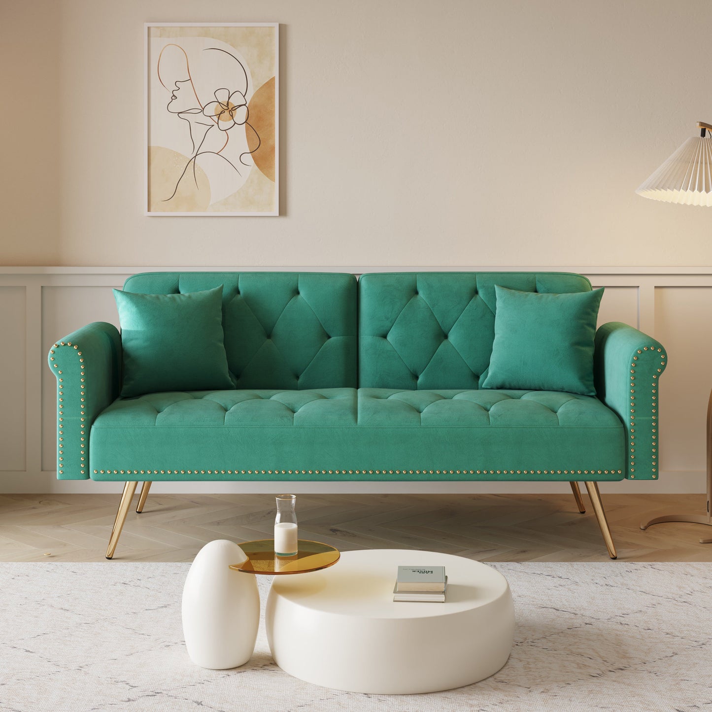 Velvet Sofa Bed with Nail Head Trim and Throw Pillow in Green, 69.7 Inches, Sponge Filling, Gold Metal Legs