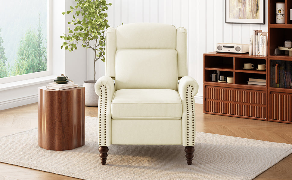 Upholstered Push Back Recliner Chair with Classic Wing Back, Beige Chenille, 29.75'