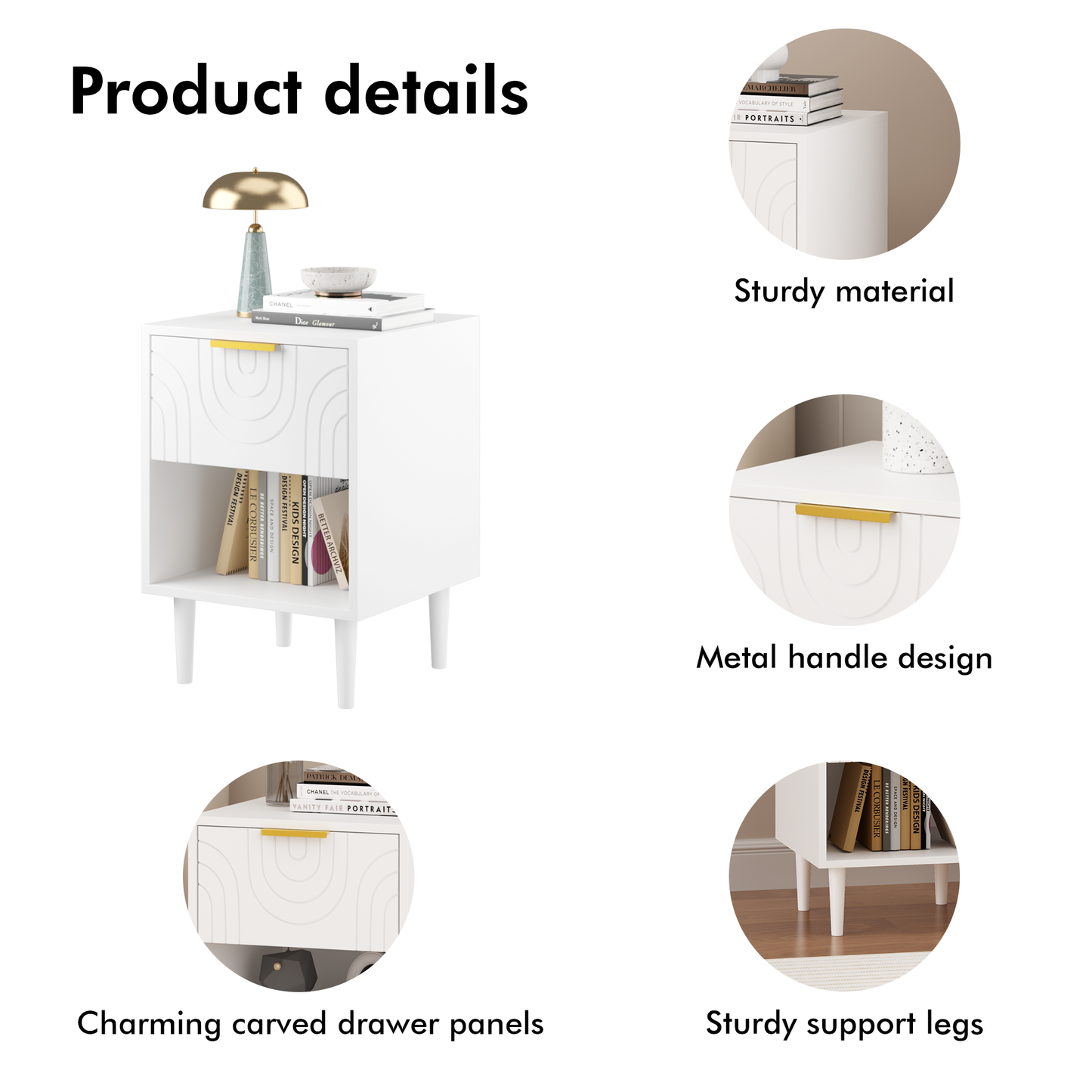 22.83'' H Modern White Nightstand with One Drawer and Open Shelf, Gold - Accented Handle, Ideal for Bedroom Decor