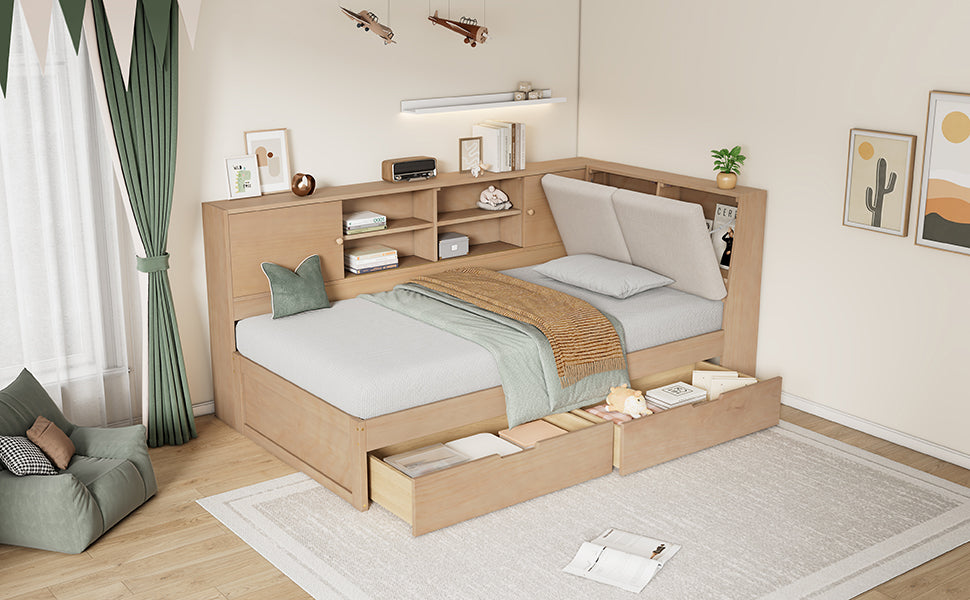 Wooden Twin Size L-shaped Daybed Corner Bed Under-bed Drawers with Storage Bookcase and Upholstered Headboard and USB Charging Ports for Limited Space,Natural