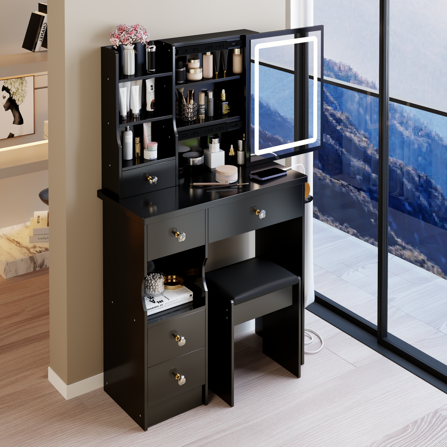 29.2' Small Size Left Drawer Desktop Vanity Table + Cushioned Stool, 2 AC+2 USB Power Station, Hair dryer bracket, Extra Large Touch Control Sliding LED Mirror, Tri-color Switching, Brightness Adjust