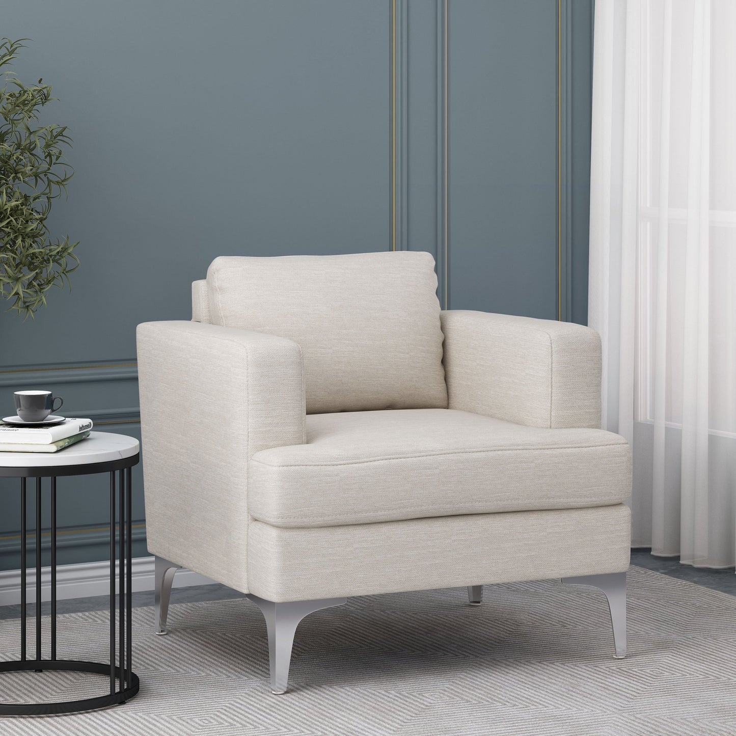 Upholstered Fabric Club Chair with Iron Legs, Beige