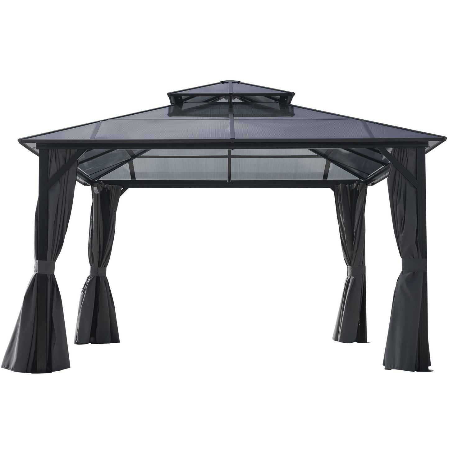 12x16FT Hardtop Gazebo Double Roof Canopy Outdoor with Netting and Curtains, Aluminum Frame Polycarbonate Roof Garden Tent for Patio, Backyard, Deck, and Lawn
