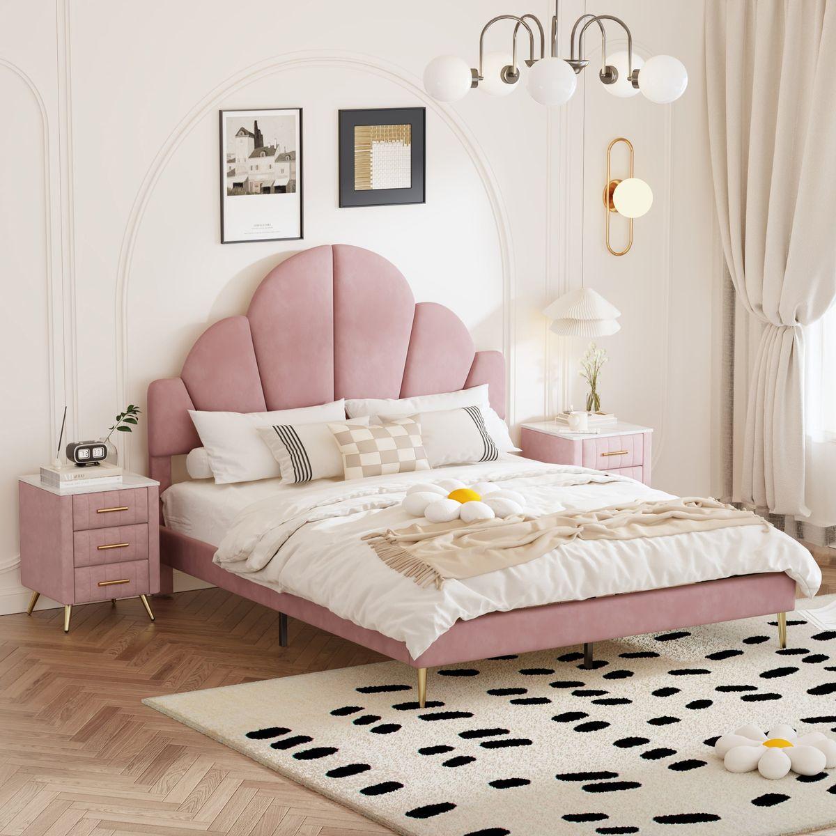 3 Pieces Bedroom Sets, Queen Size Modern Velvet Upholstered Bed Frame with Petal Shape Headboard, 3 Drawers Nightstands, Pink