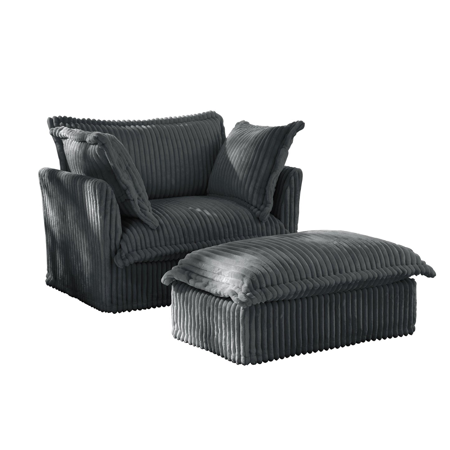Upholstered Slipcovered Armchair with Ottoman, Deep Seat Armchair W/ Wide Ottoman for Living Room, Armchair Sets with Large Soft Pillows(Set of 2),Gray Corduroy Fabric