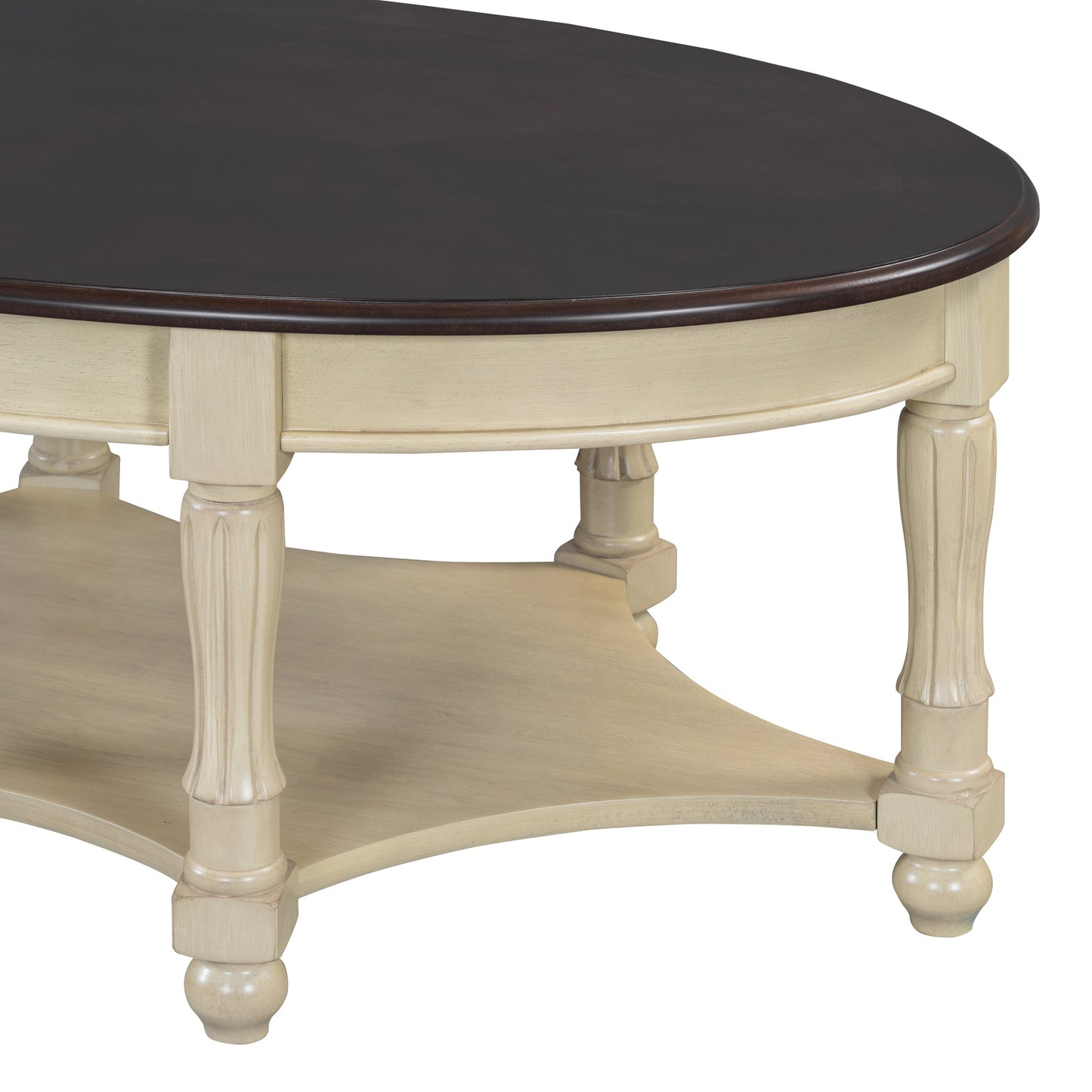 Vintage Oval Coffee Table with Drawer and Storage Shelf, Antique Cocktail Table in 45', French Country Accent Table for Living Room,Beige and Espresso
