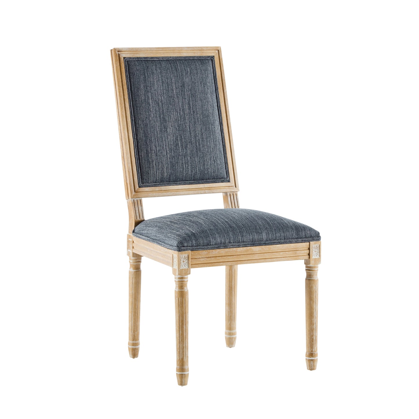 Vintage Inspired Set of 4 French Country Dining Chairs with Elegant Cane Backrest & Upholstered Seats in Rustic Weathered Blue Gray, Solid Rubberwood Frame