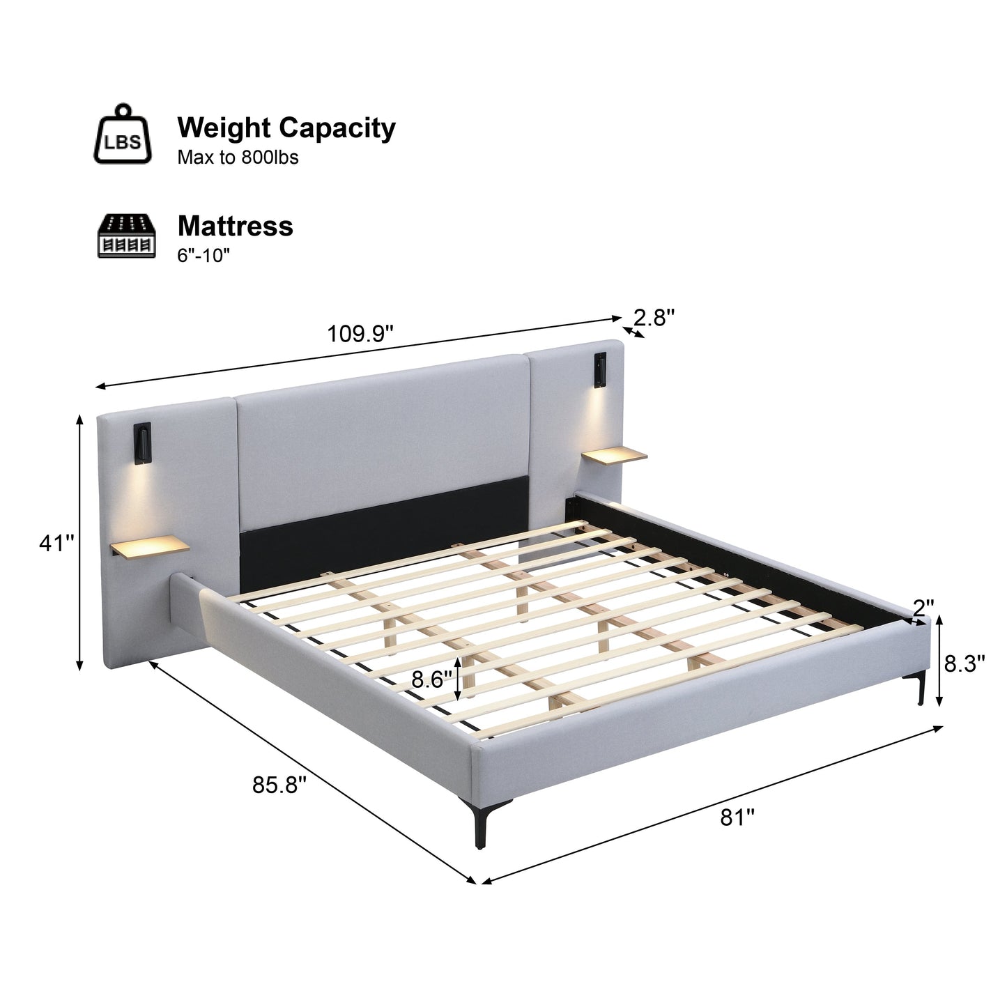 Chic Linen Upholstered Bed with Integrated Lights and Shelves, Grey, King