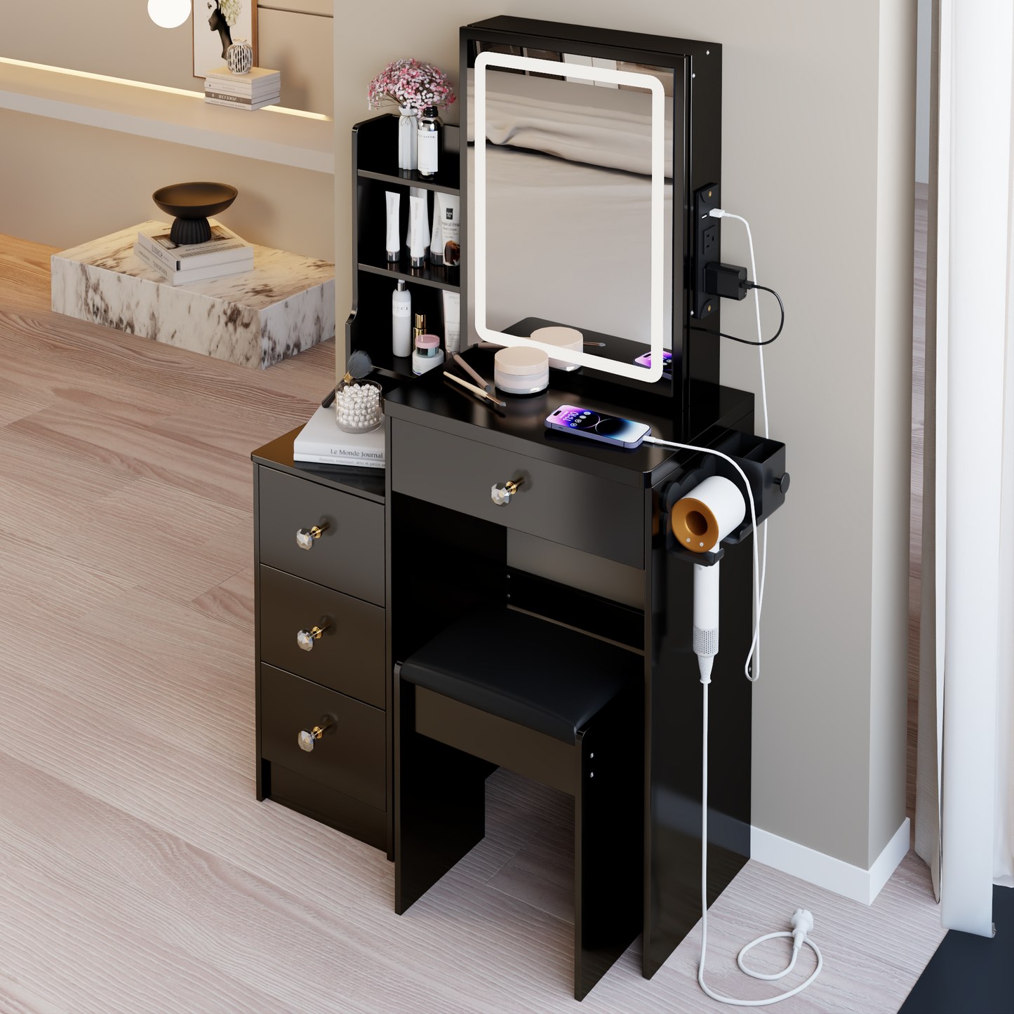 29.2' Small Size Left Bedside Cabinet Vanity Table + Cushioned Stool, 2 AC+2 USB Power Station, Hair dryer bracket, Extra Large Touch Control Sliding LED Mirror, Tri-color Switching, Brightness Adjust