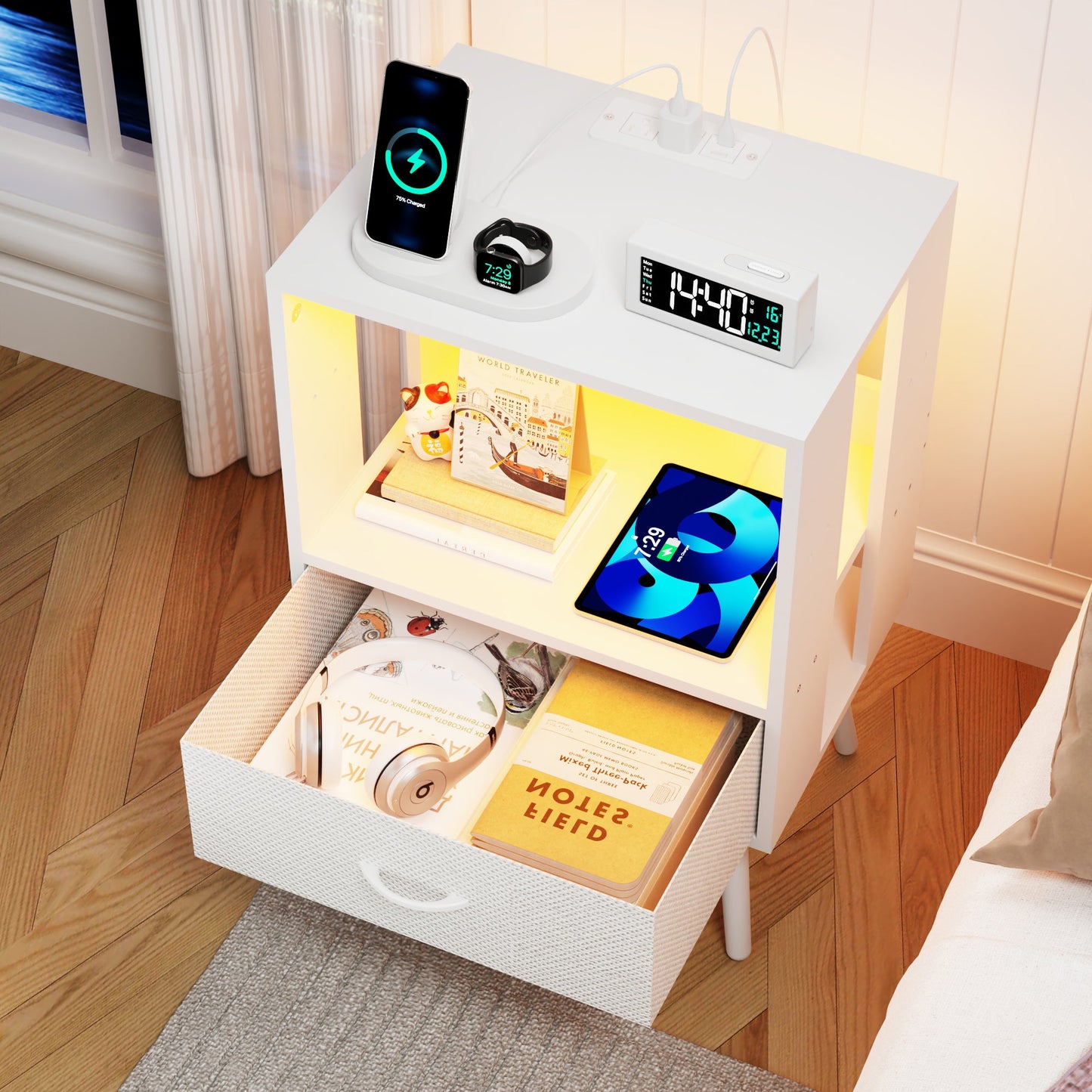 2 Pack Modern Nightstand with Charging Station, Bedside Tables with LED Light and Fabric Drawers