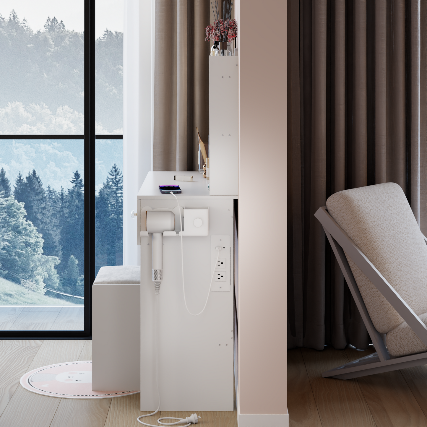 17' Round LED Mirror Vanity Table+Cushioned Stool, Equipped With 2 AC+2 USB Power Socket, Big Mirror, Touch Switch, 3 Colors, Adjustable Brightness, Large Desktop, Multi-layer High Capacity Storage