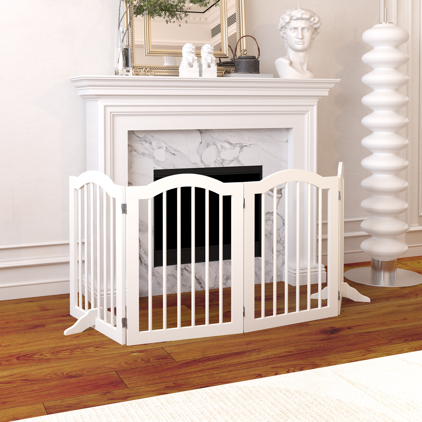 27.6' Height Tall Freestanding Pet Gate, 4 Panels Foldable Dog Gate, Solid Wood Folding Safety Fence Wooden Dog Gate with 2 pcs Support Feet Ideal for Stairs, Doorways, Halls, Kitchens, Heavy Duty Gat