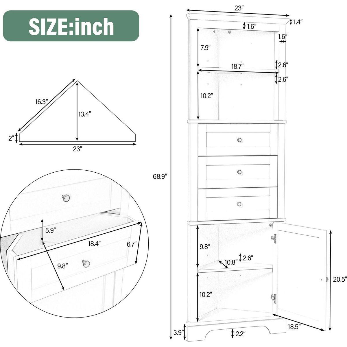 White Triangle Tall Cabinet with 3 Drawers and Adjustable Shelves for Bathroom, Kitchen or Living Room, MDF Board with Painted Finish