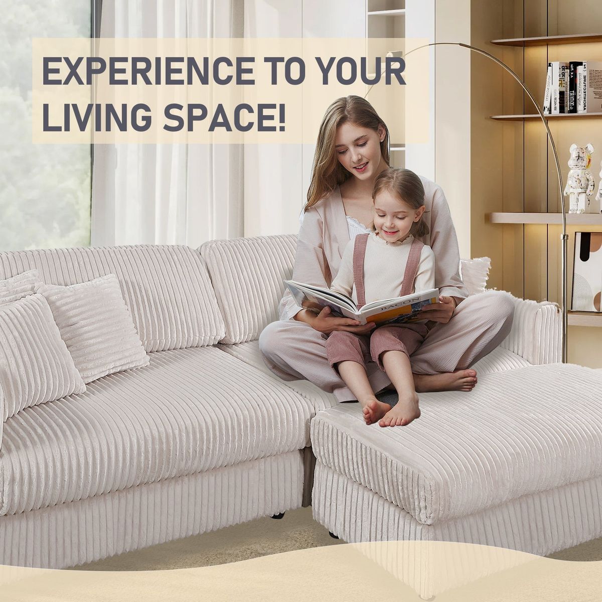 105' Oversized Sectional Sofa Cloud Couch for Living Room, Modern stripe L Shaped Couch, Comfy Boucle Modular Sofa Sleeper with Moveable Ottoman WIth/6 Pillow(WHITE)
