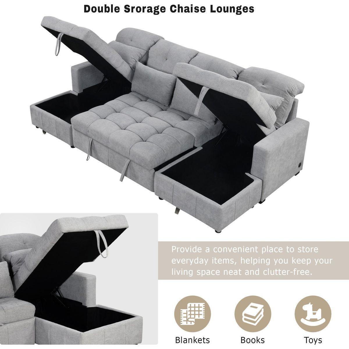 110.2' Oversized U-shaped Sofa Versatile Sectional Sofa Pull-out Sofa Bed with Double Storage Chaise Lounges and Two USB Ports for Living Room,Gray