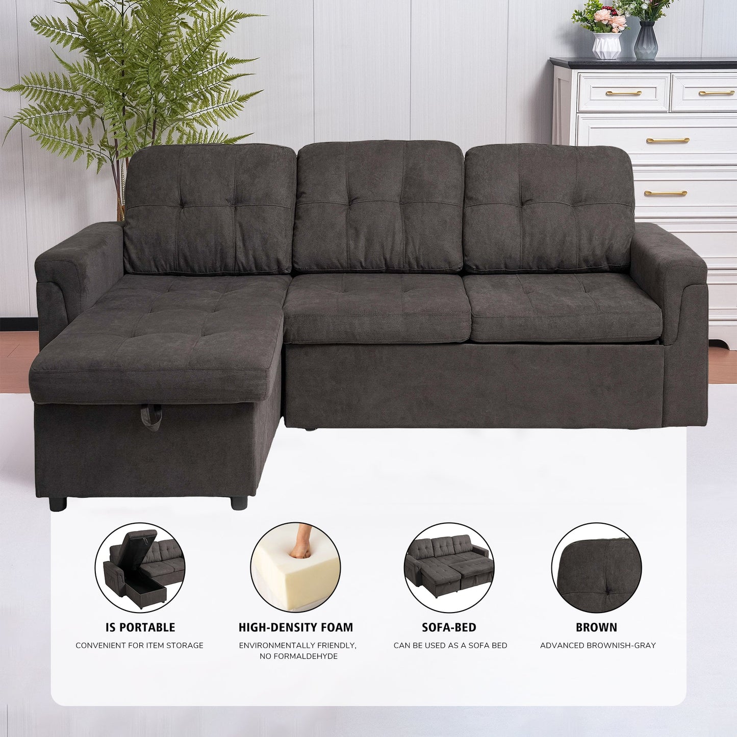 Upholstered Sleeper Sofa, L Shaped Sectional Couch with Reversible Storage, Convertible Corner Lounge Couches w/Pull Out Sofa bed for Living Room, Apartment,