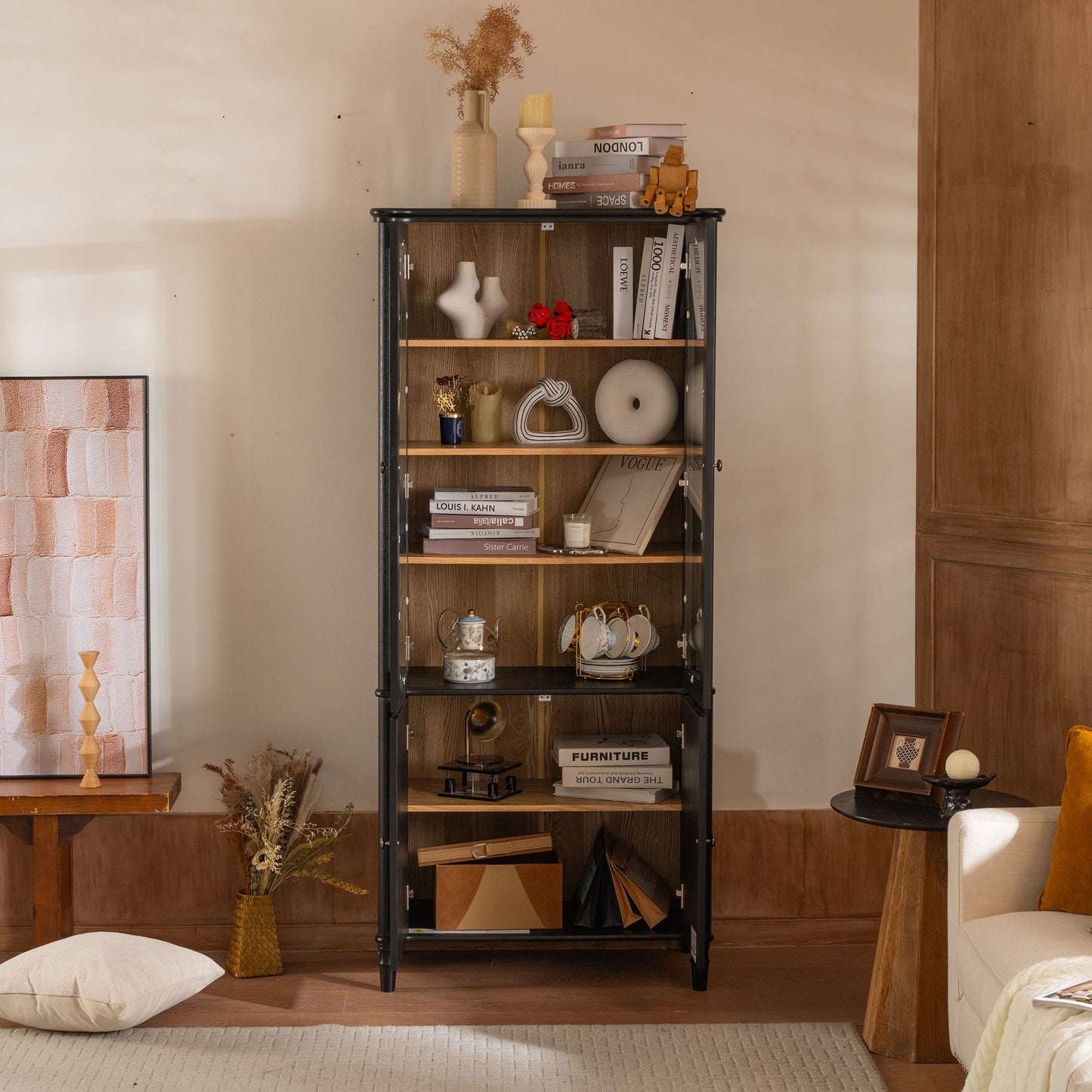 Vintage Display Cabinet with Double Glass Doors, Traditional Style for Collectibles - Black, Ash Wood Veneer, 73.25'' Tall