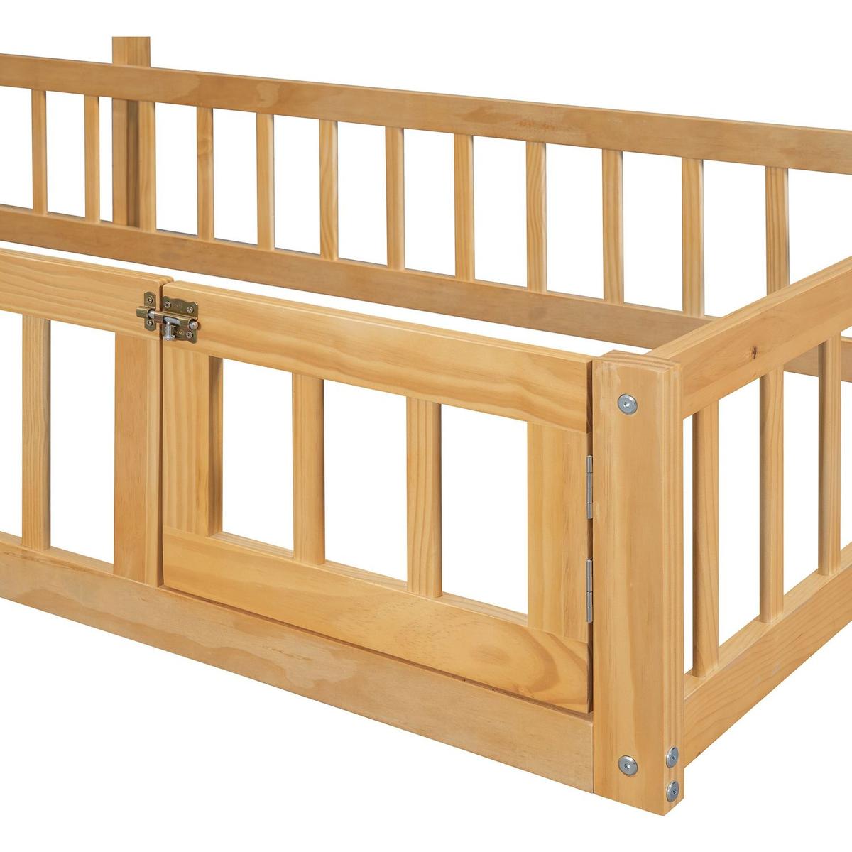 Wooden Floor Bed with Fence Railings and Detachable House Shape Headboard, Twin Size Bed with Kids Dress Up Rack, Kids Montessori Style Playhouse Frame for Girls Boys, Natural
