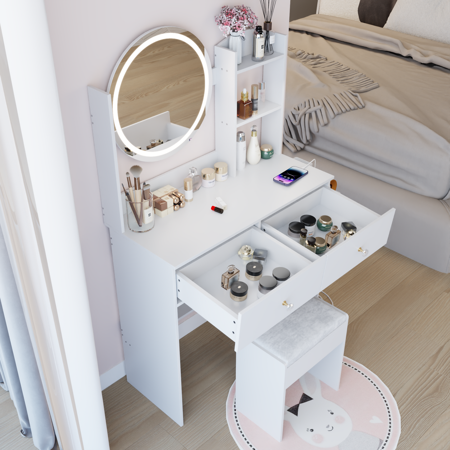 17' Round LED Mirror Vanity Table+Cushioned Stool, Equipped With 2 AC+2 USB Power Socket, Big Mirror, Touch Switch, 3 Colors, Adjustable Brightness, Large Desktop, Multi-layer High Capacity Storage