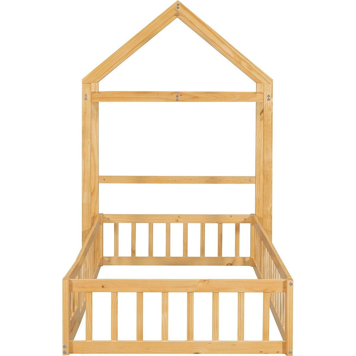 Wooden Floor Bed with Fence Railings and Detachable House Shape Headboard, Twin Size Bed with Kids Dress Up Rack, Kids Montessori Style Playhouse Frame for Girls Boys, Natural