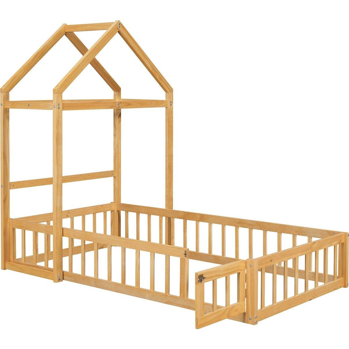 Wooden Floor Bed with Fence Railings and Detachable House Shape Headboard, Twin Size Bed with Kids Dress Up Rack, Kids Montessori Style Playhouse Frame for Girls Boys, Natural