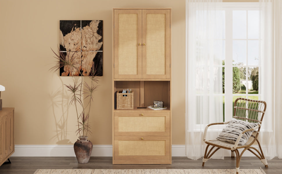 2 Doors Bookshelf with USB Port and 3 Drawers Side Cabinet Storage Shelves, Natural
