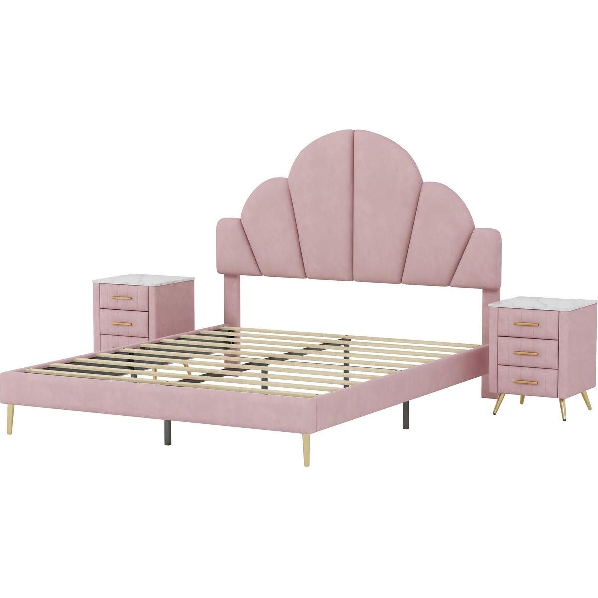 3 Pieces Bedroom Sets, Queen Size Modern Velvet Upholstered Bed Frame with Petal Shape Headboard, 3 Drawers Nightstands, Pink