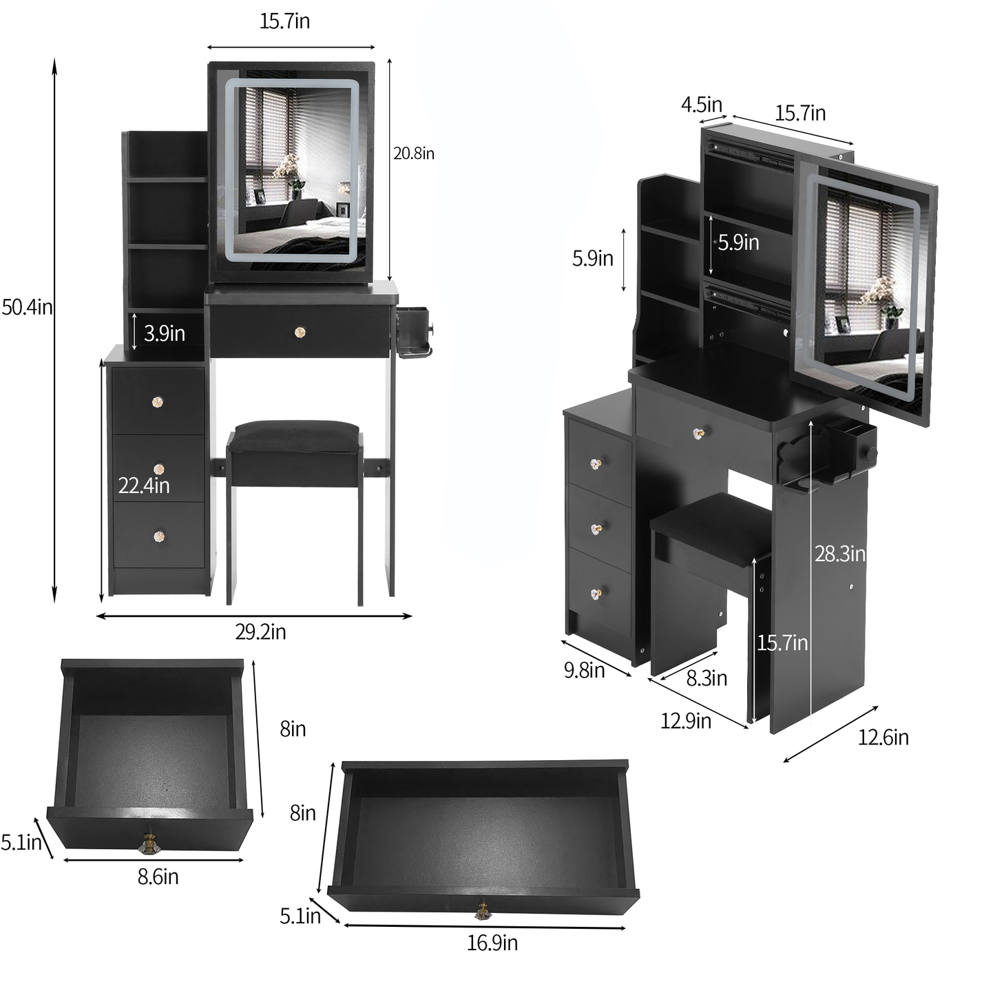 29.2' Small Size Left Bedside Cabinet Vanity Table + Cushioned Stool, 2 AC+2 USB Power Station, Hair dryer bracket, Extra Large Touch Control Sliding LED Mirror, Tri-color Switching, Brightness Adjust
