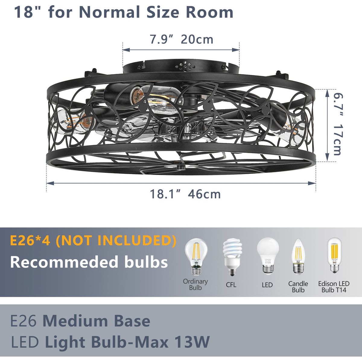 18-inch Black Vintage Caged Ceiling Fan Light – Quiet Operation, Remote Control, Industrial Style for Living Room, Bedroom, and Kitchen (Bulb Not Included)