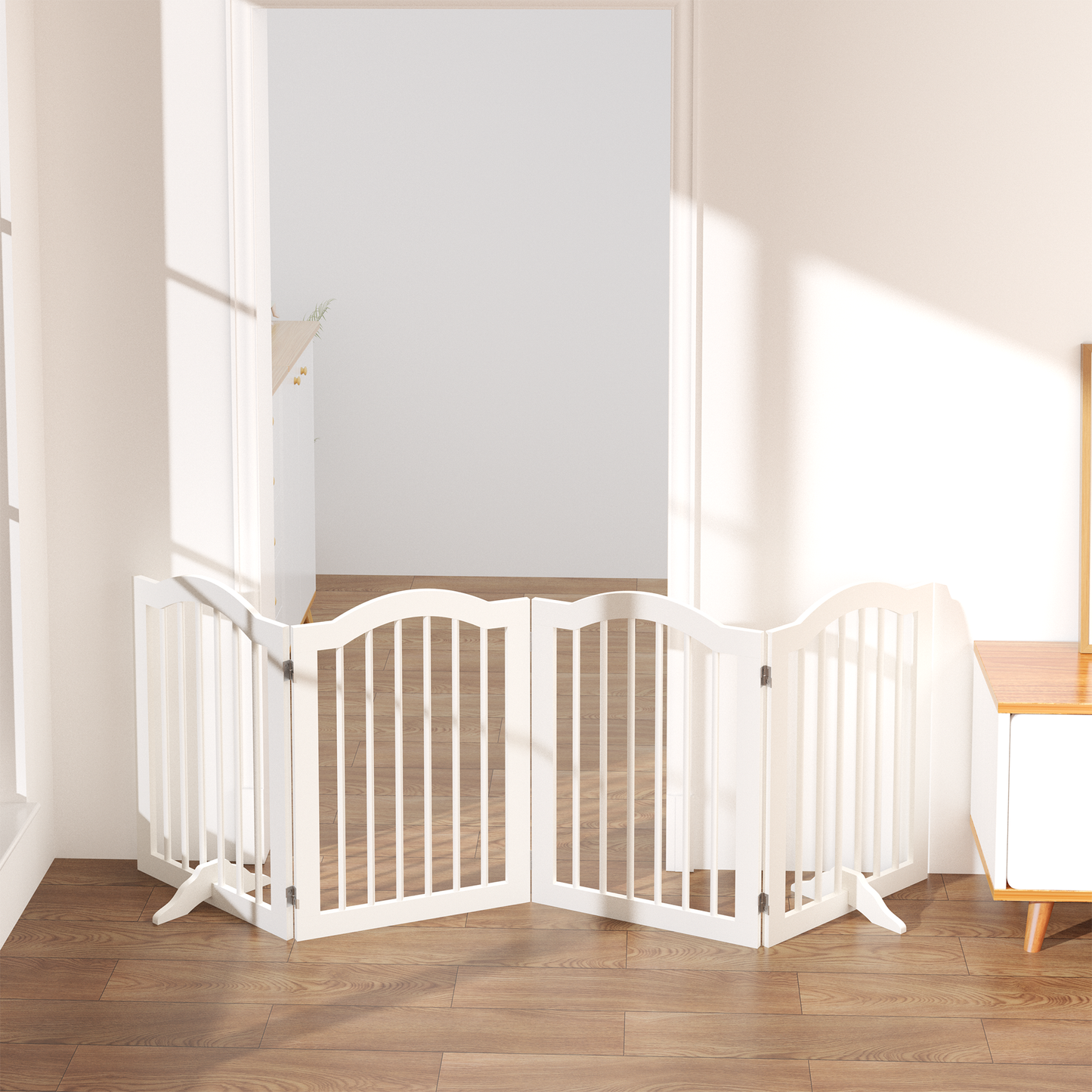 27.6' Height Tall Freestanding Pet Gate, 4 Panels Foldable Dog Gate, Solid Wood Folding Safety Fence Wooden Dog Gate with 2 pcs Support Feet Ideal for Stairs, Doorways, Halls, Kitchens, Heavy Duty Gat