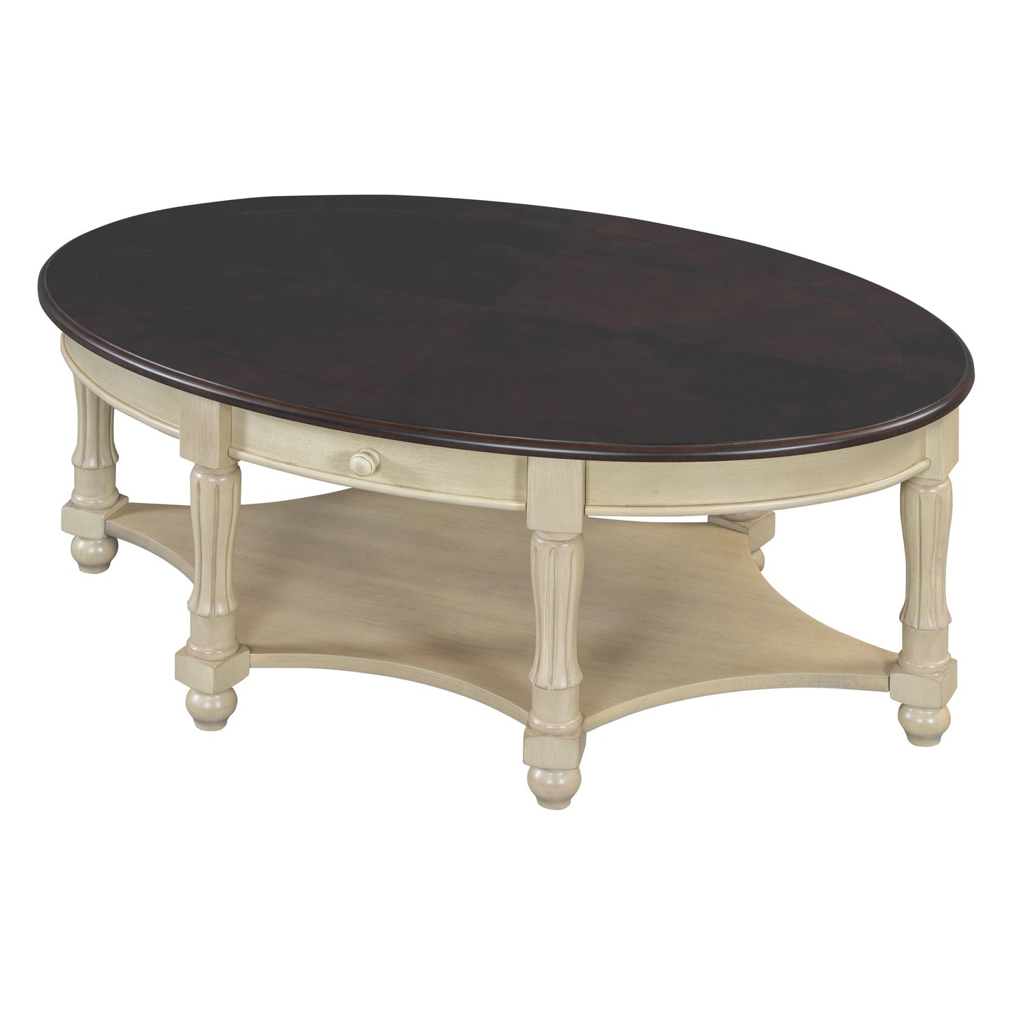 Vintage Oval Coffee Table with Drawer and Storage Shelf, Antique Cocktail Table in 45', French Country Accent Table for Living Room,Beige and Espresso