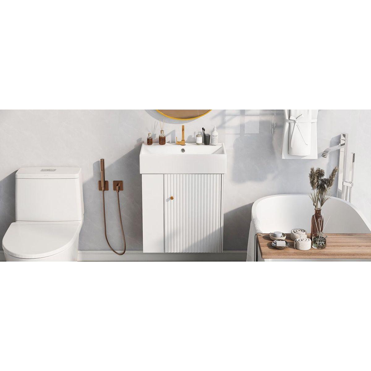 21.6inch Modern Floating Bathroom Vanity with Ceramic Basin - Perfect for Small Bathrooms, Left side storage