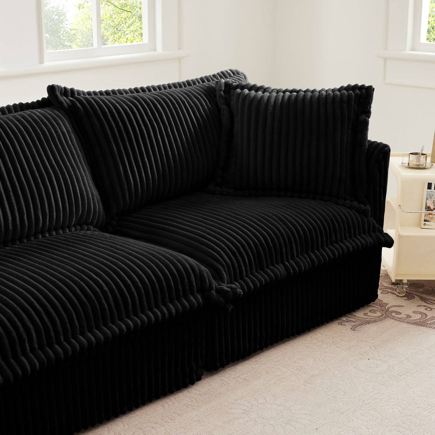 Upholstered Slipcovered Armchair with Ottoman, Deep Seat Armchair W/ Wide Ottoman for Living Room, Armchair Sets with Large Soft Pillows(Set of 2), Black Corduroy Fabric