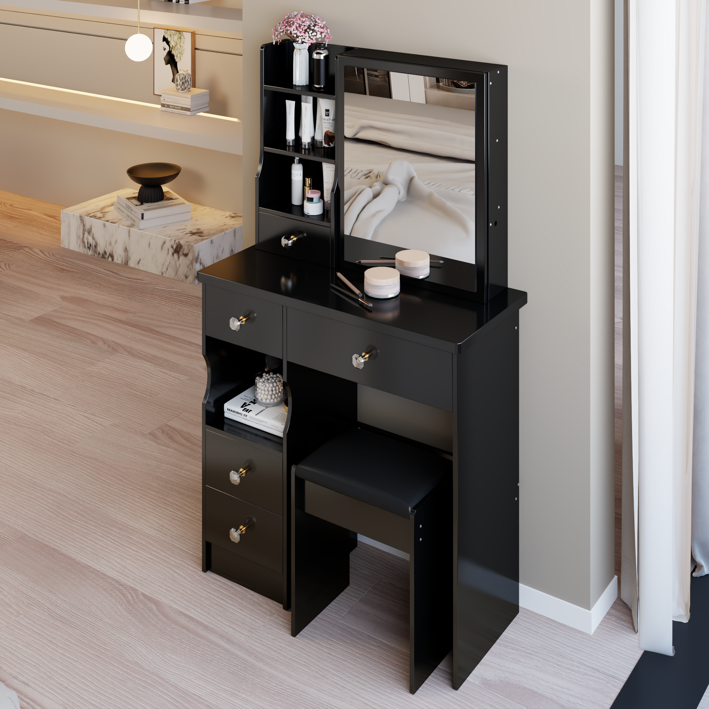 29.2' Small Size Left Drawer Desktop Vanity Table + Cushioned Stool, Extra Large Right sliding mirror, Multi Layer High Capacity Storage, Practical Fashionable Dresser, Suitable For Small Space