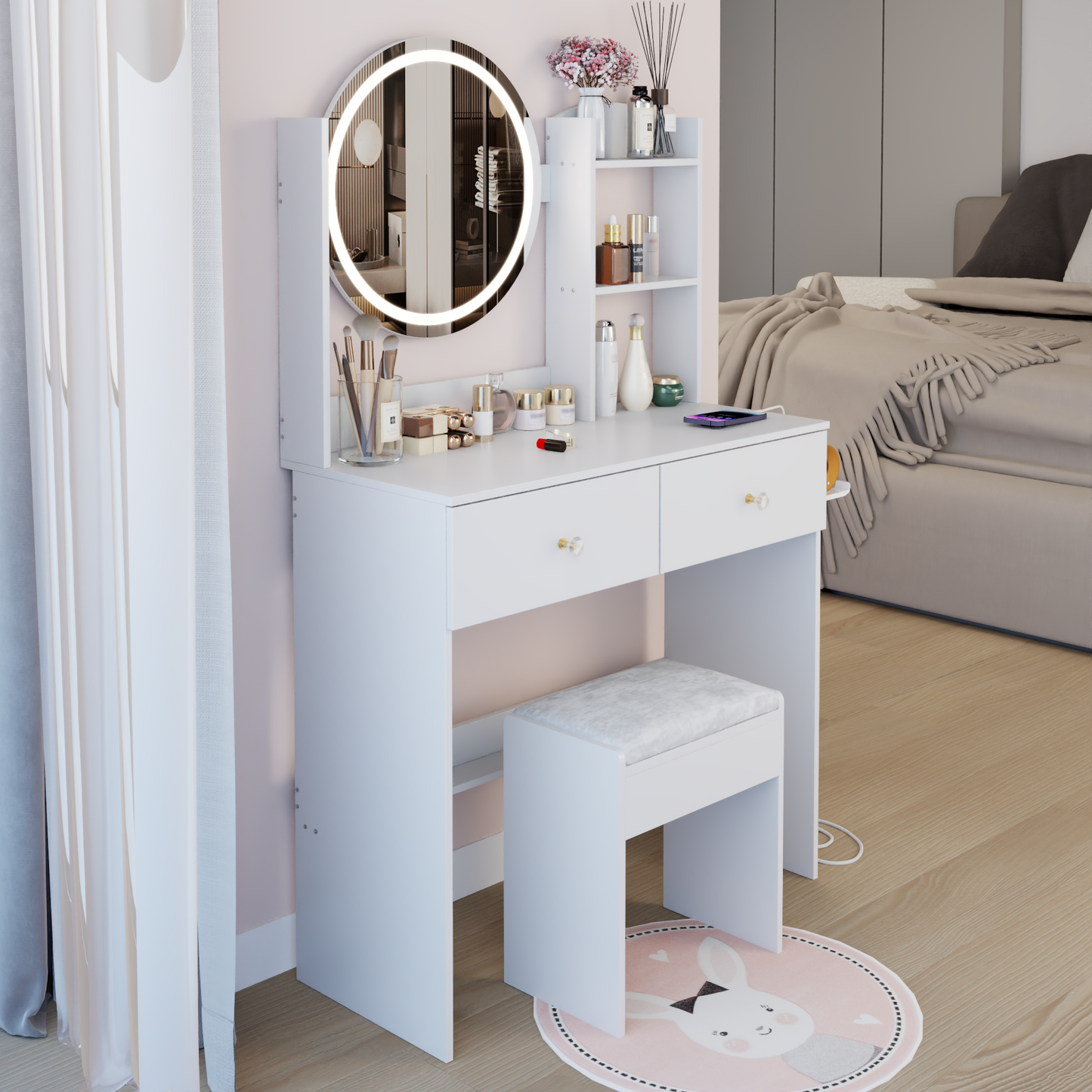 17' Round LED Mirror Vanity Table+Cushioned Stool, Equipped With 2 AC+2 USB Power Socket, Big Mirror, Touch Switch, 3 Colors, Adjustable Brightness, Large Desktop, Multi-layer High Capacity Storage