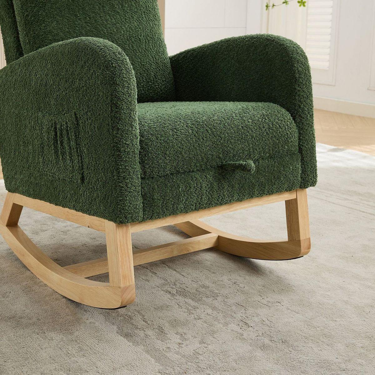 25.4"W Rocking Chair for Nursery, High Back Glider Chair with Retractable Footrest, Side Pocket, Rocking Accent Armchair with Rubber Wood Legs for Living Room/Bedroom.Green