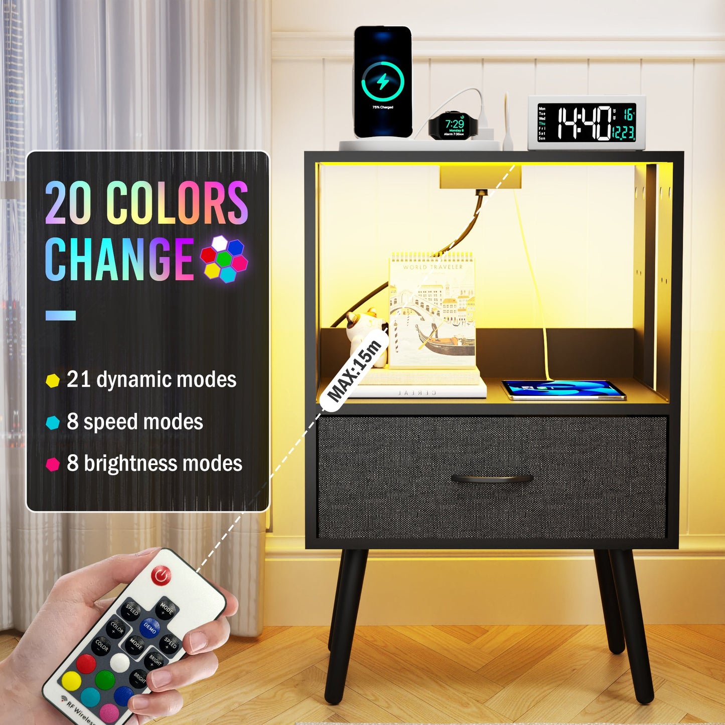 2 Pack Modern Nightstand with Charging Station, Bedside Tables with LED Light and Fabric Drawers